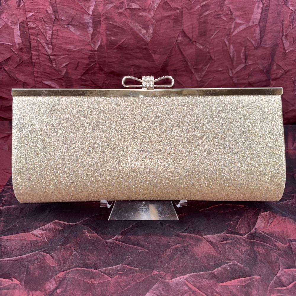 Gold Metallic Glitter Frame Crossbody Clutch Evening Bag Rhinestone Bow Clasp EC